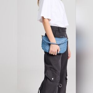 The Clare V Petit Moyen Messenger in Jean Similaire Woven Checker